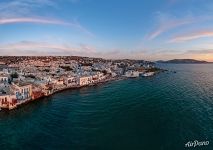 Houses of Mykonos at the shore of Aegean Sea