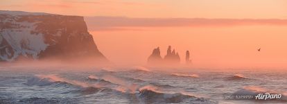 Reynisfjara beach, Seastacks Reynisdrangar, panoramic photo